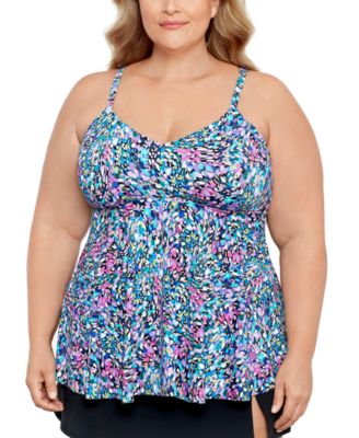 Plus Size Printed V-Neck Underwire Tankini Top, Created for Macy’s