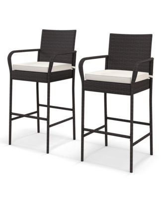 2PCS Patio PE Wicker Bar Chairs Counter Height Barstools with Armrests &Cushions