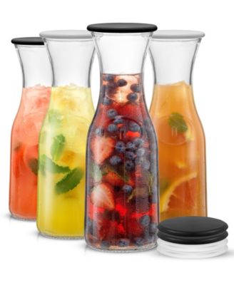 Hali Glass 35 oz Carafe Bottle Pitcher with 8 Lids, Set of 4