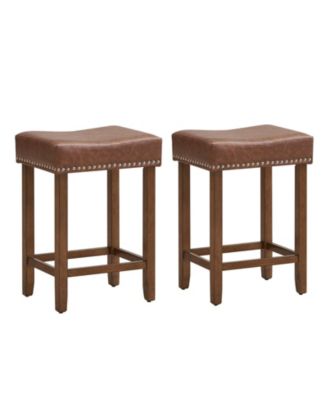 24″ Upholstered Bar Stools Set of 2 with Footrests Rubberwood Frame Saddle-shaped