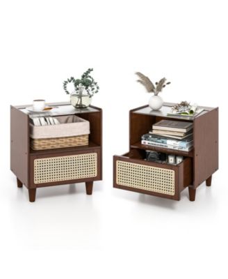 2 Pieces Bamboo Rattan Nightstand with Drawer and Solid Wood Legs