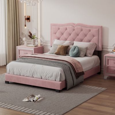 Streamdale Furniture Full Size Upholstered Bed Frame With Rivet Design, Modern Velvet Platform Bed With Tufted Headboard