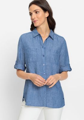 Women’s Cotton Linen Shirt with Rolled Sleeve Tab Detail