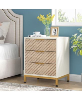 Nightstand for Bedrooms, White and Gold Light Wood Grain Nightstand with 3 Drawers, End Tables Storage for Living Room