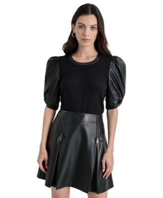 Women’s Faux-Leather Puff-Sleeve Blouse