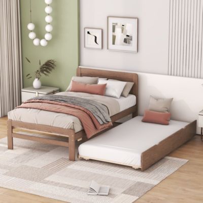 Streamdale Furniture Modern Design Wooden Twin Size Platform Bed Frame With Trundle For Walnut Color