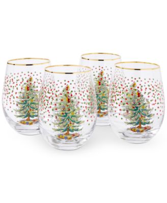 Christmas Tree Polka Dot Stemless Wine Glasses, Set of 4