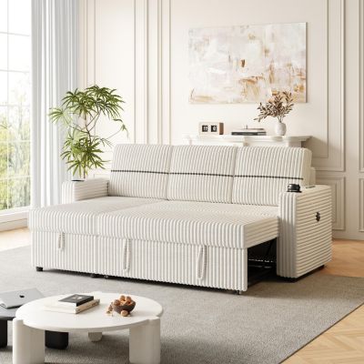 Streamdale Furniture 85″ Corduroy Sofa Bed with Storage, USB Charging, and Cup Holders