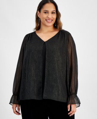 Plus Size Split-Front Metallic-Threaded Sheer-Sleeve Top