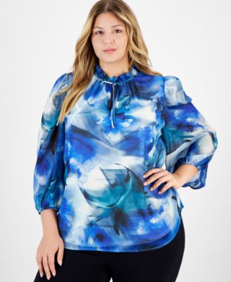 Plus Size Watercolor-Print Ruffled-Neck Top