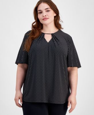 Plus Size Dot-Print Cut-Out Pleated-Neck Top, Created for Macy’s