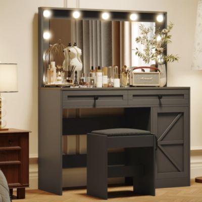 Streamdale Furniture Vanity Table with Large Mirror, LED Lights, and 3 Drawers