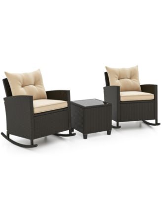 Patio Rattan Roker Chairs with Tempered Glass Table and Soft Cushions