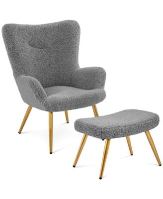 Boucle Accent Chair and Ottoman Set with Golden Metal Legs