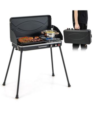 2-in-1 Gas Camping Grill and Stove with Detachable Legs-Black