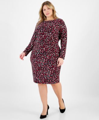 Plus Size Printed Boat-Neck Long-Sleeve Dress