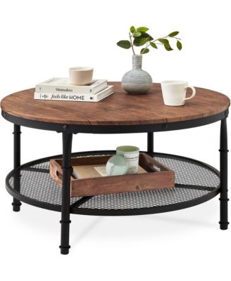 2-Tier Round Coffee Table, Rustic Accent Table w/ Wooden Tabletop, Padded Feet, Open Shelf