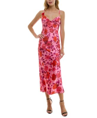 Juniors’ Strappy Floral Satin Maxi Dress