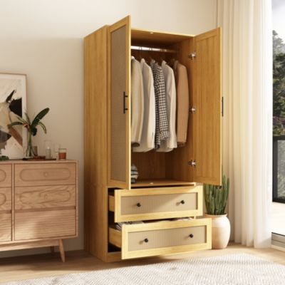 Wardrobe Freestanding Coat Storage Cabinet with 2-Tier Drawers and Hanging Bar