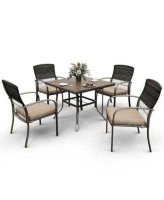 Brown 5-Piece PE Wicker Outdoor Dining Set with Green Cushions