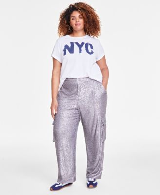 Trendy Plus Size Sequin Straight-Leg Cargo Pants, Exclusively at Macy’s