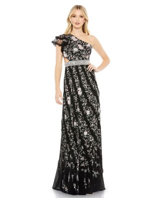 Women’s Embroidered Ruffled One Shoulder Lace Up Gown