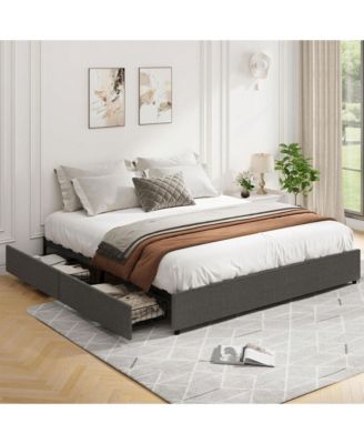 Platform Bed Frame, Fabric Upholstered With 4 Storage Drawers, No Box Spring Needed, Wooden Slats Support, Noise Free, Easy Assembly