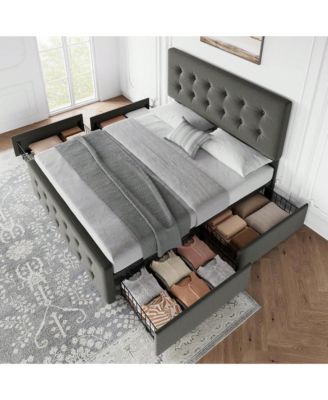 Bed Frame,With 4 Storage Drawers And Headboard, Linen Upholstered Platform Bed Frame With Wooden Slats Support, Button Tufted Design, No Box Spring Needed