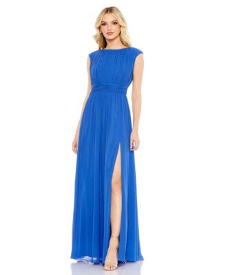 Women’s Pleated Bateau Cap Sleeve A Line Gown