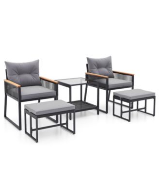 5-Piece Outdoor Rattan Conversation Set with Cushions, Ottomans, and 2-Tier Side Table