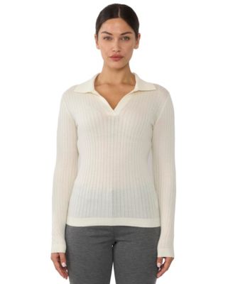 Women’s Tissue Weight Cashmere Silk Rib-knit Johnny Collar Polo Sweater