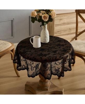 Harper Floral Lace Fabric Tablecloth, Lace Fabric Table Cloth for Round Tables, Wrinkle Resistant Tablecloth, Patterned Scalloped Tablecloth (36 Round, Black)