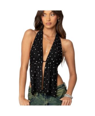 Womens Studded Open Back Halter Top