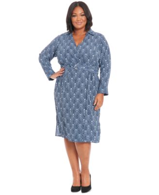 Plus Size Geo-Print Collared Belted Dress