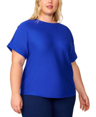 Plus Size  Zigzag-Trim Button-Shoulder Sweater, Exclusively at Macy’s