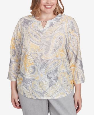 Plus Size Dress Code Textured Paisley Beaded Neck Top